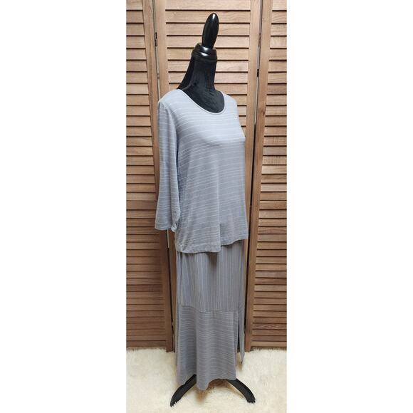 Chalet Women's Gray Striped Midi Skirt 3/4 Sleeve Top Set Size Large Made In USA - Picture 3 of 9
